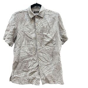 Tasso Elba Men’s M Silk Linen Short Sleeve Button Shirt Tan Tropical Plant Print